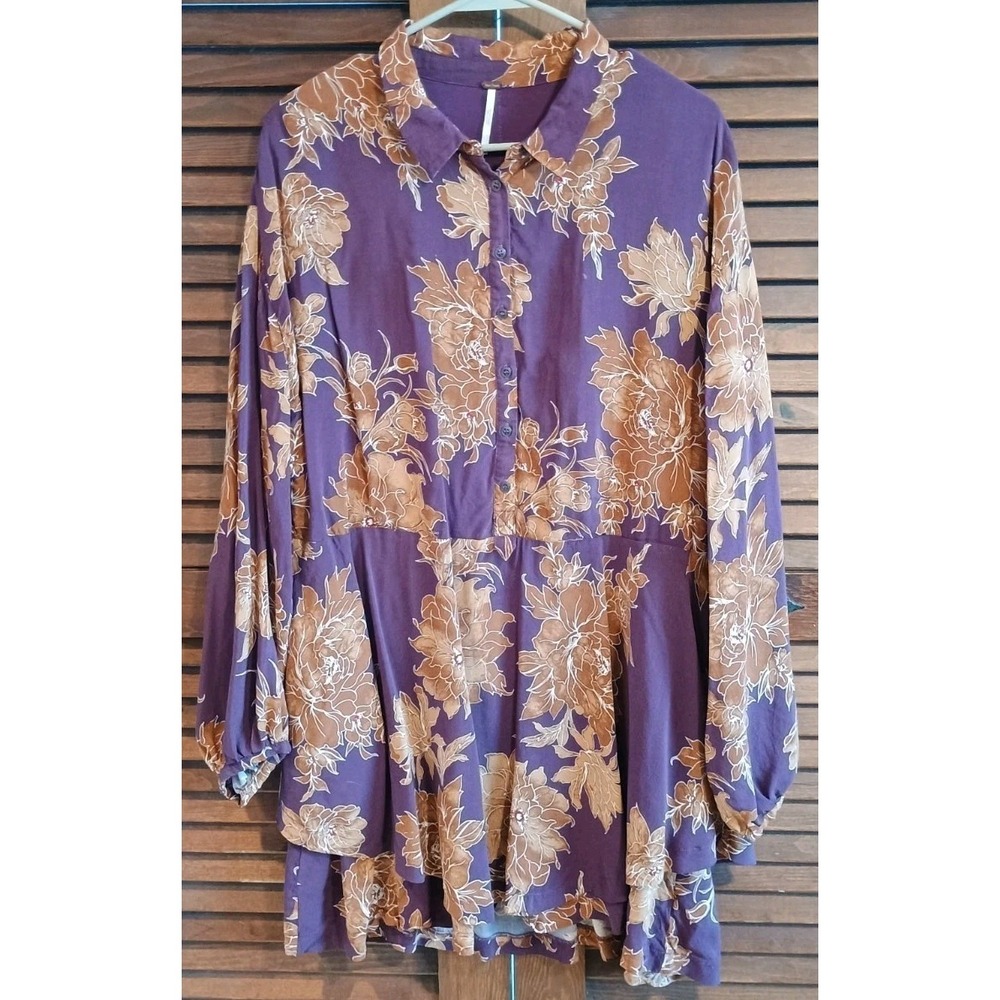 Free People Womens Eggplant Floral Boho‎ Tunic Blouse Top Size Medium Oversized